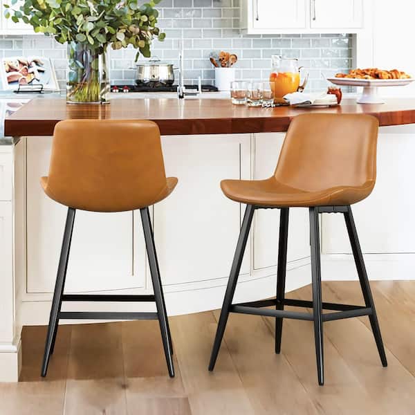 cozyman Abraham 24 in. Whiskey Brown Faux Leather Bar Stool Low Back Metal Frame Counter Height Barstool Set of 2