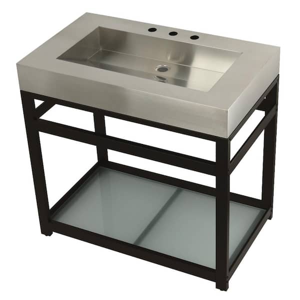 Kingston Brass 37 in. W Bath Vanity in Oil Rubbed Bronze with Stainless Steel Vanity Top in Silver with Silver Basin