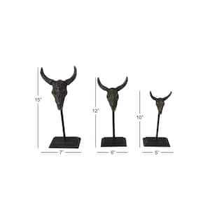 Gray Metal Head Bull Sculpture (Set of 3)