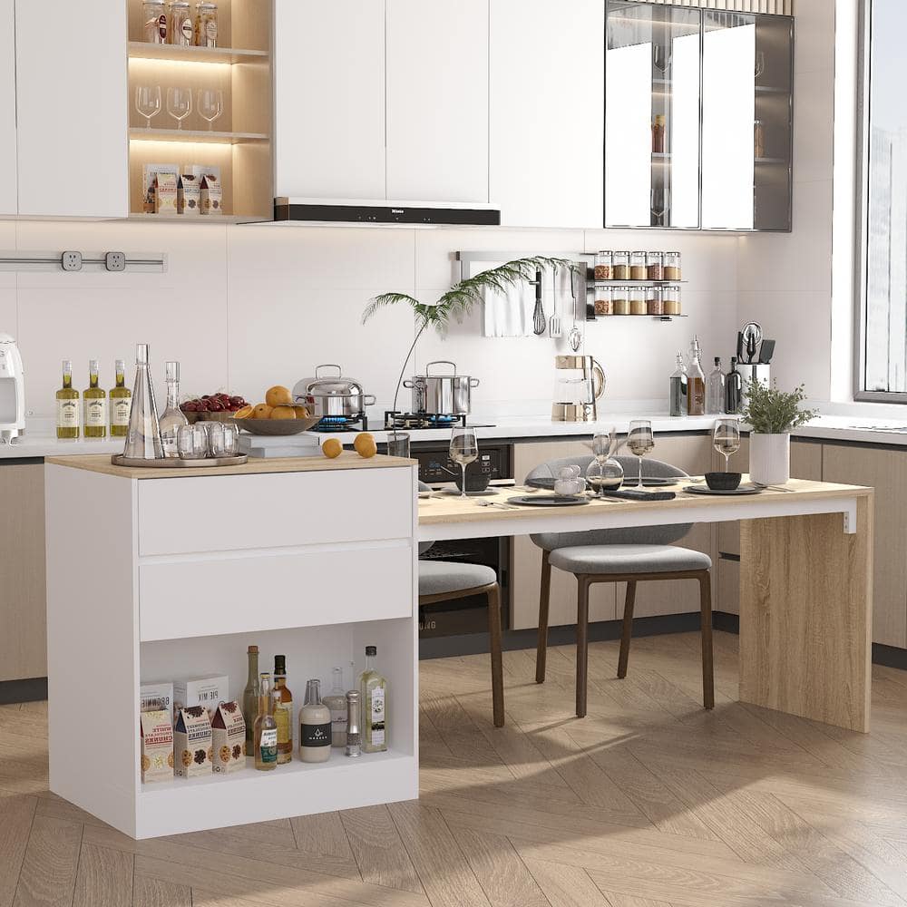 FUFU&GAGA White Wood 94.5 in. W Kitchen Island Dining Bar Table With ...