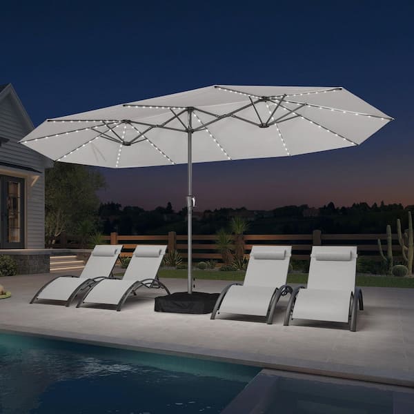 15 ft. Gray Aluminum Solar LED Lights Market Umbrella with Double-Sided Outdoor Patio Umbrellas with Base in White