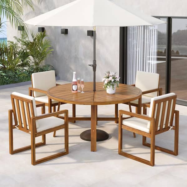 5-Piece Natural Wood Top Outdoor Patio Dining Set Seats 4 with Beige Cushions, Umbrella Hole, Umbrella not Included