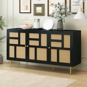 Black Wood 57 in. Sideboard with Rattan Design Doors and Metal Legs