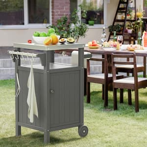 Gray Outdoor Grill Cart Table with Storage Cabinet for BBQ, Patio Cabinet with Wheels, Hooks and Side Shelf