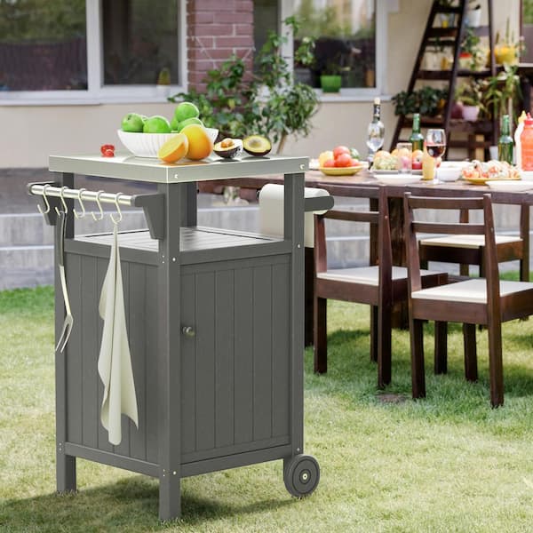 Unbranded Gray Outdoor Grill Cart Table with Storage Cabinet for BBQ, Patio Cabinet with Wheels, Hooks and Side Shelf