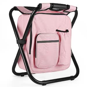 Pink Portable Folding Backpack Stool with Insulated Cooler Bag for Camping, Hunting and Fishing