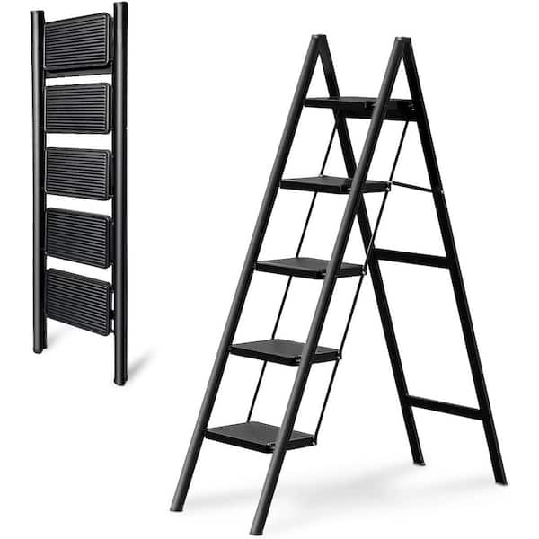 Reach 120 in. H 5-Step Folding Ladder 330 Lbs Load Heavy Duty Anti-Slip Wide Pedal Lightweight Compact Design Black