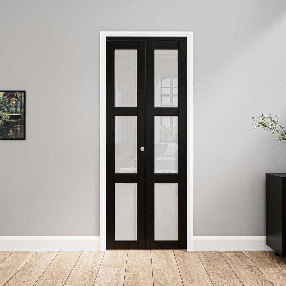 30 in. x 80 in. 3-Lite Tempered Frosted Glass Solid Core Dark Black MDF Bi-Fold Door with Hardware Kit price history on PriceWatchPro
