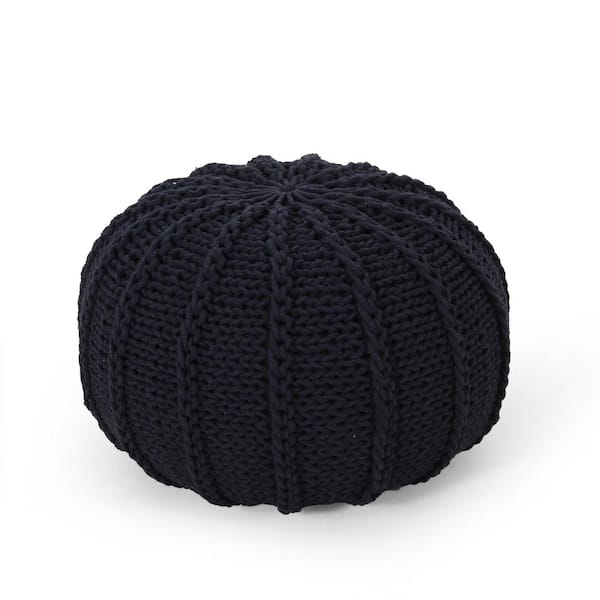 Noble House Corinne Dark Blue Round Knit Pouf