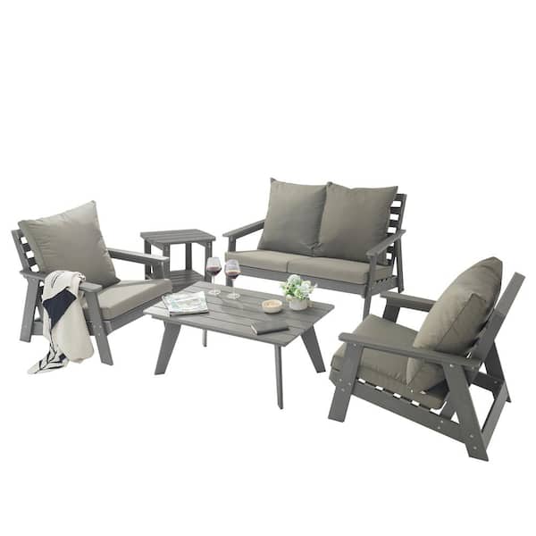 5-Pieces Outdoor Conversation Sets with Coffee Table in Beige Cushions