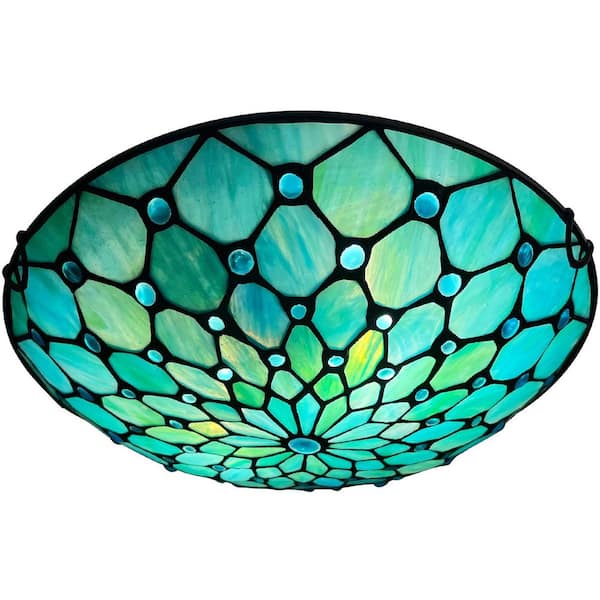 12 in. 2-Light White Flush Mount with Blue Stained Glass Shade and No Bulbs Included 1-Pack