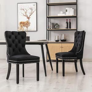 Black Velvet Upholstered Dining Chairs Side Chairs Set of 2 Accent Diner Stylish Kitchen Chair with Wood Legs and Padded