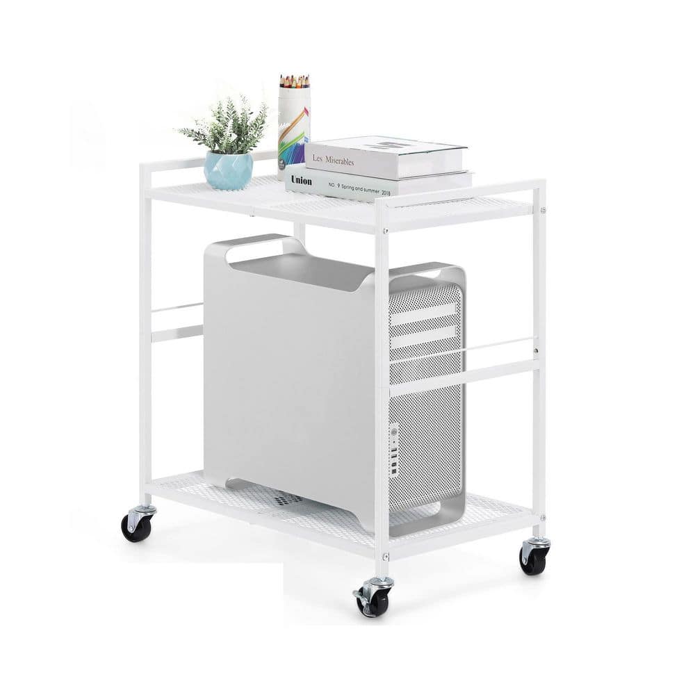 2 Tier Metal Computer Tower Stand Floor CPU Holder Cart with Wheels Locking System White for Home Office Use
