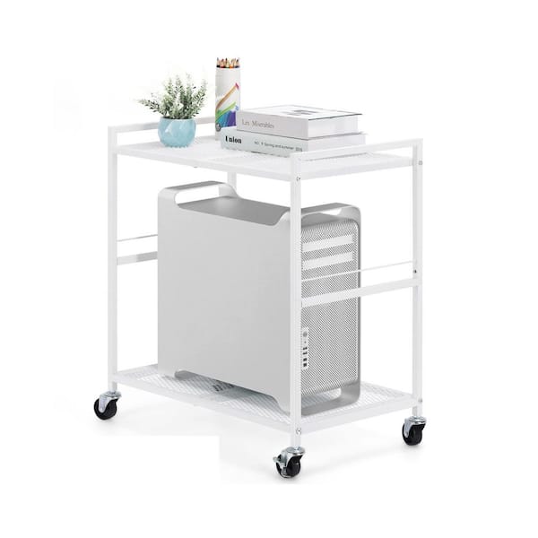 Ahfiwaso 2 Tier Metal Computer Tower Stand Floor CPU Holder Cart with Wheels Locking System White for Home Office Use