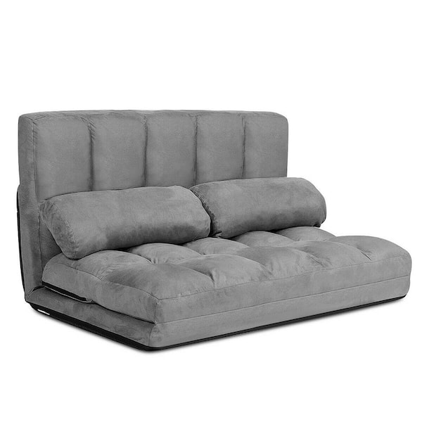 Costway 44.5 in. Grey Foldable Twin Suede Floor Sofa Bed 6-Position Adjustable Lounge Couch with 2-Pillows