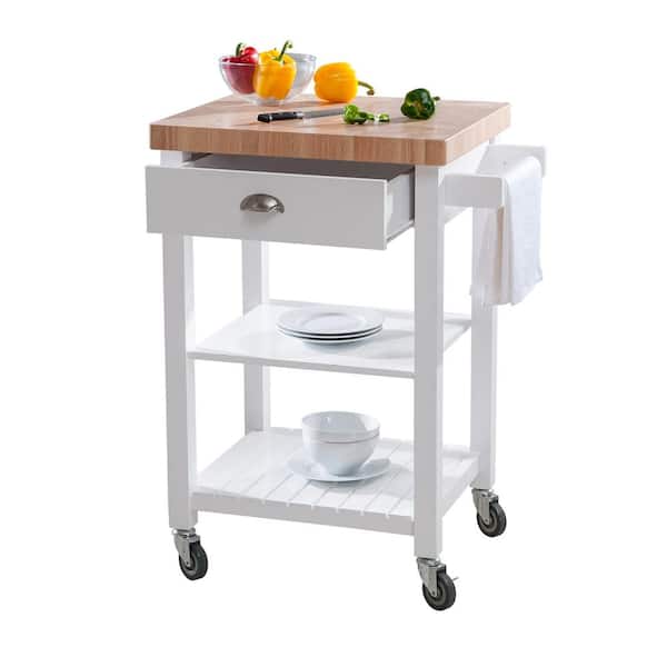 Hampton Bay Brookwood White Wood Kitchen Cart on Wheels with Drawer and Storage