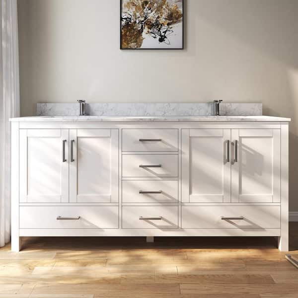 72 in. W x 22 in. D x 35 in. H Double Sinks Bath Vanity Cabinet in White with Cultured Marble Top