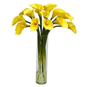 27 in. Artificial H Yellow Calla Lilly with Cylinder Silk Flower Arrangement