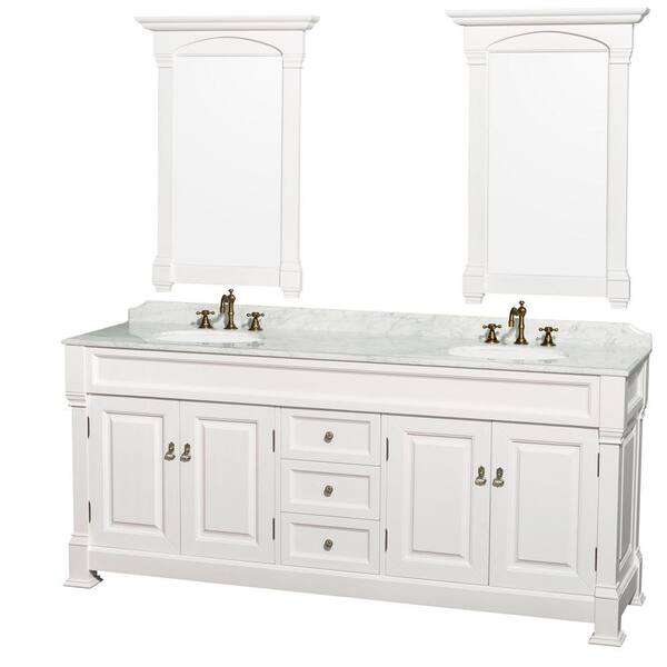 Wyndham Collection Andover 80 in. Vanity in White with Marble Vanity Top in Carrara White with Porcelain Sink and Mirror
