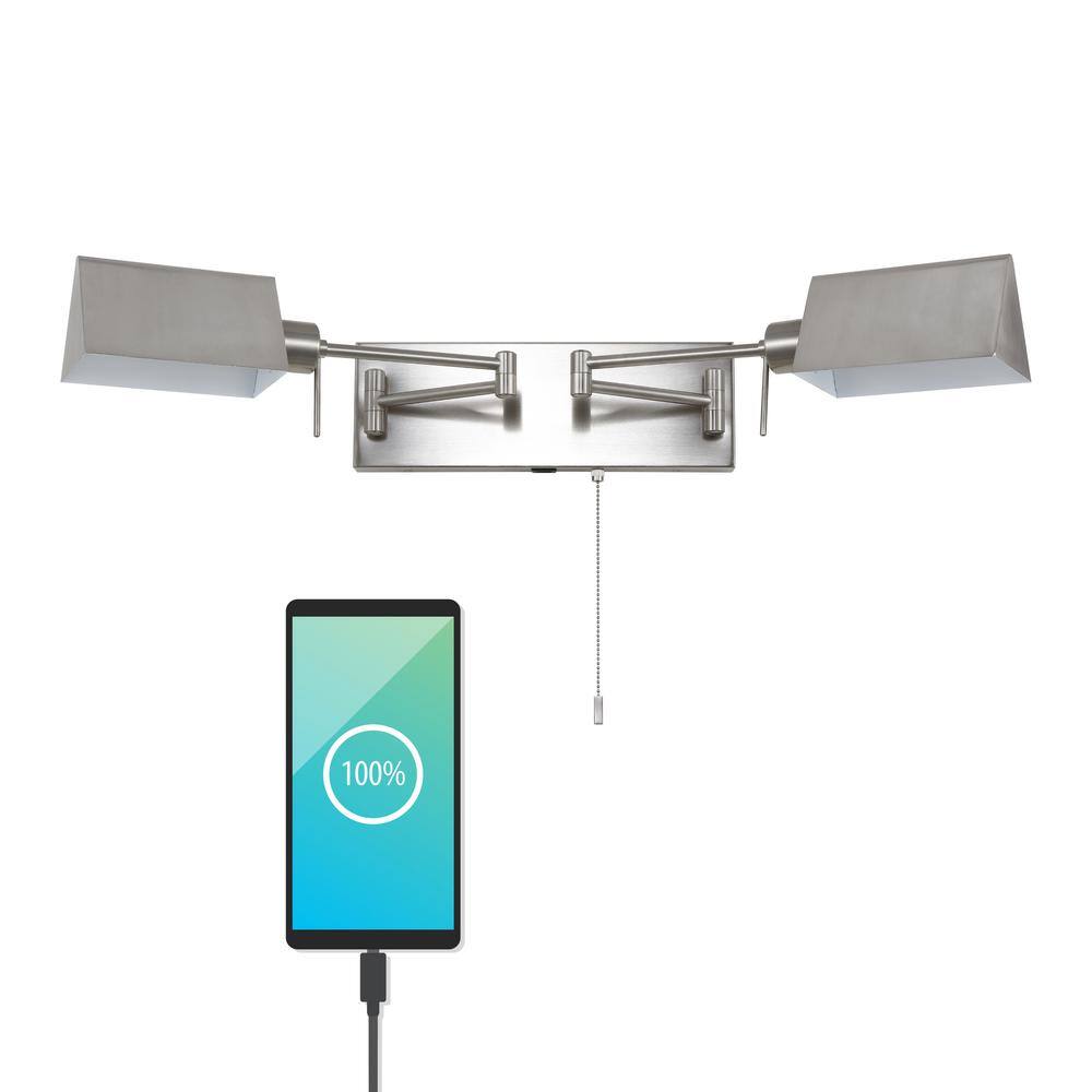White Iron Double Swing Arm Wall Sconce with USB Port