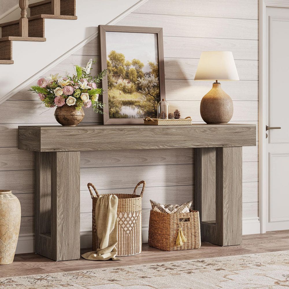 Turrella Rustic Charm 63in. Gray Oak Wood Grain Rectangle Wood Console Table with Open-frame price history on PriceWatchPro