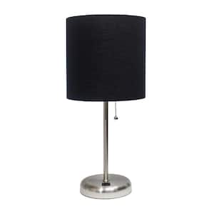 19.5 in. Black Stick Lamp with USB Charging Port and Fabric Shade