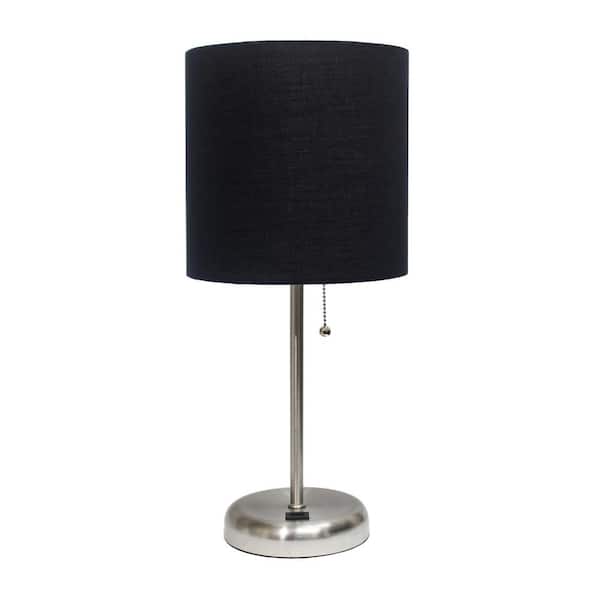 Simple Designs 19.5 in. Black Stick Lamp with USB Charging Port and Fabric Shade