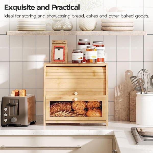 Lynzavix Bamboo Roll-Top 2 Tier Bread Box with Acrylic Door Vents