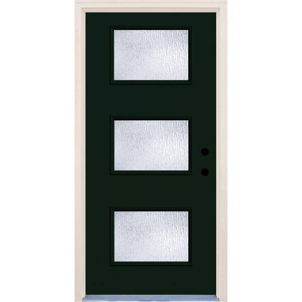 Builder's Choice 36 in. x 80 in. Fairway 3 Lite Rain Glass Painted Fiberglass Prehung Front Door with Brickmould