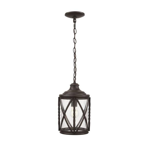 Home Decorators Collection Walcott Manor 14.12 in. 1-Light Antique Bronze Transitional Outdoor Hanging Light Pendant Light with Clear Seeded Glass