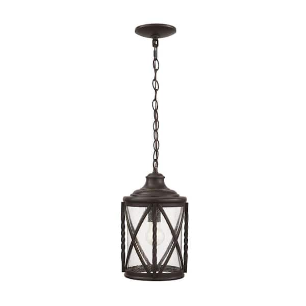 Home Decorators Collection Walcott Manor 14.12 in. 1-Light Antique Bronze Transitional Outdoor Hanging Light Pendant Light with Clear Seeded Glass