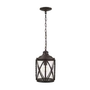 Walcott Manor 14.12 in. 1-Light Antique Bronze Outdoor Transitional Pendant Light with Clear Seeded Glass