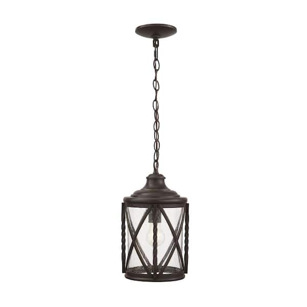 Home Decorators Collection Walcott Manor 14.12 in. 1-Light Antique Bronze Outdoor Transitional Pendant Light with Clear Seeded Glass