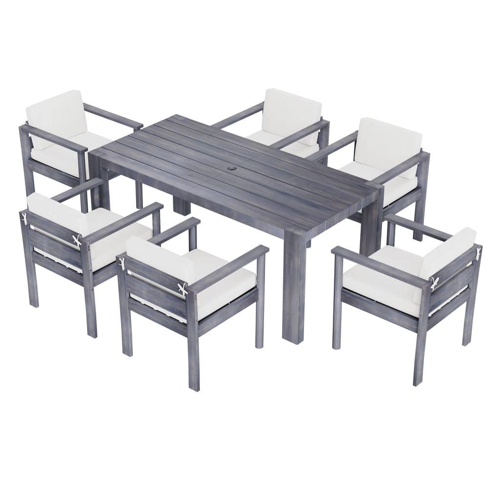 7-Piece Acacia Wood Outdoor Dining Set with Beige Removable Cushions for 6,70.8" Rectangular Table, Poolside, Garden