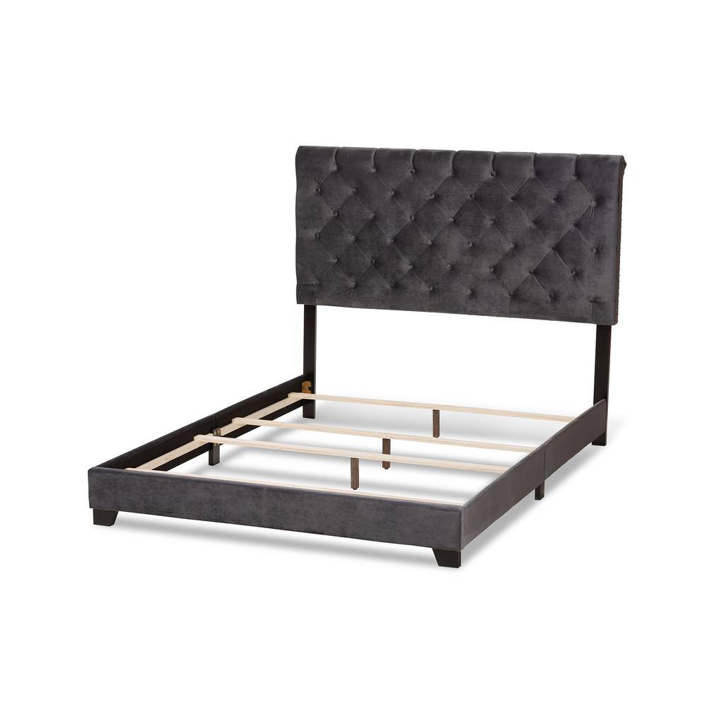 Candace Dark Grey Velvet Upholstered Queen Bed with Tufted Headboard
