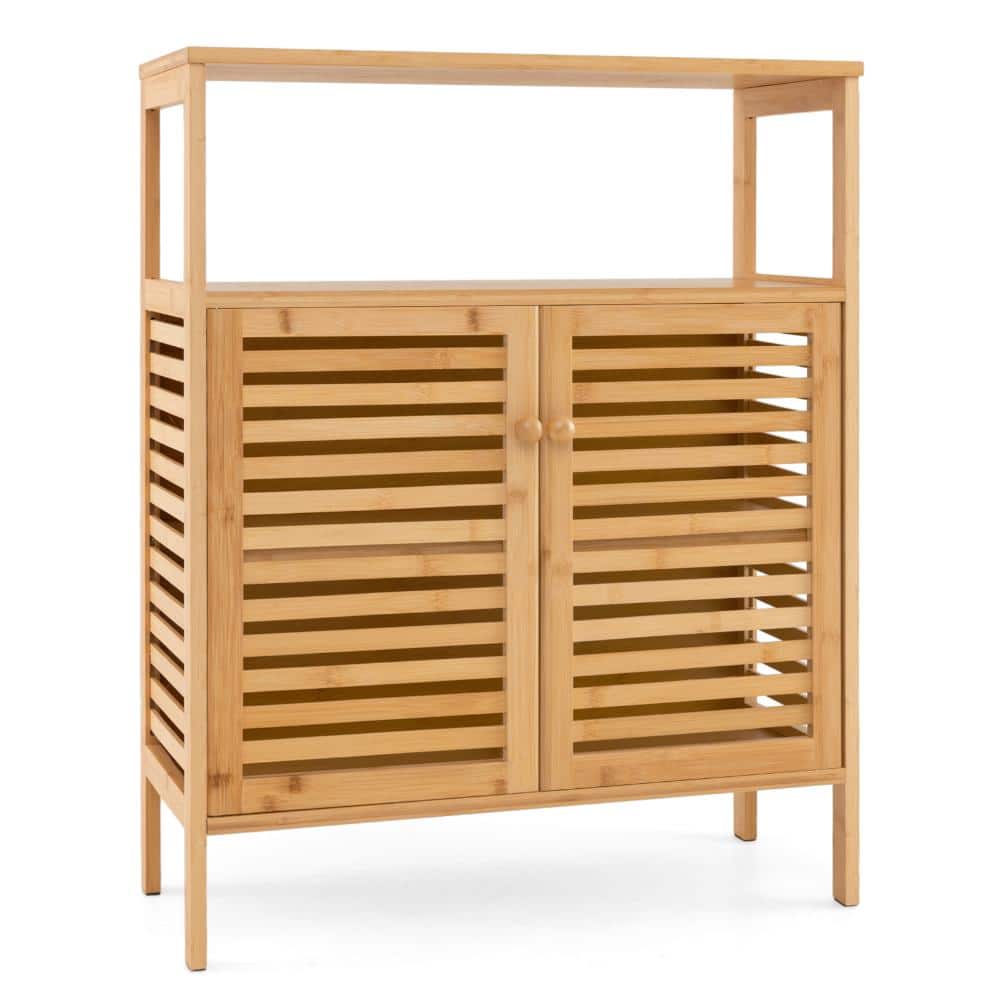 Bamboo Bathroom Floor Storage Cabinet with Shutter Doors, Freestanding Organizer with 2 Open Shelves price history on PriceWatchPro