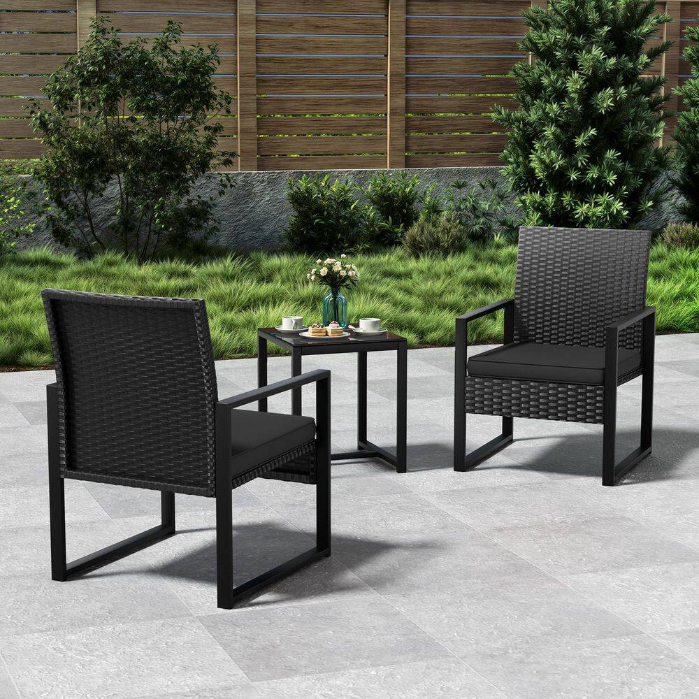 Set of 3 Black Steel Frame PE Rattan Patio Chat Sets Chair and Glass Table with Black Cushion (22 in. W x 30 in. H) price history on PriceWatchPro