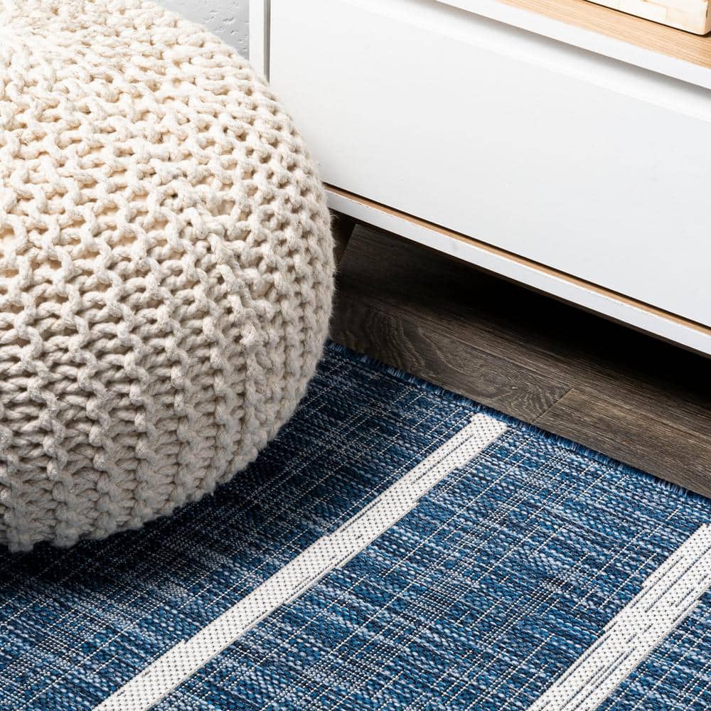 Blue and Ivory Striped Synthetic Reversible Area Rug