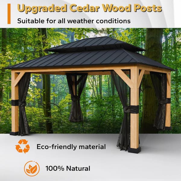 Cedar Wood 13 ft. x 11 ft. Outdoor Patio Hardtop Gazebo with Double Galvanized Steel Roof and Mosquito Netting