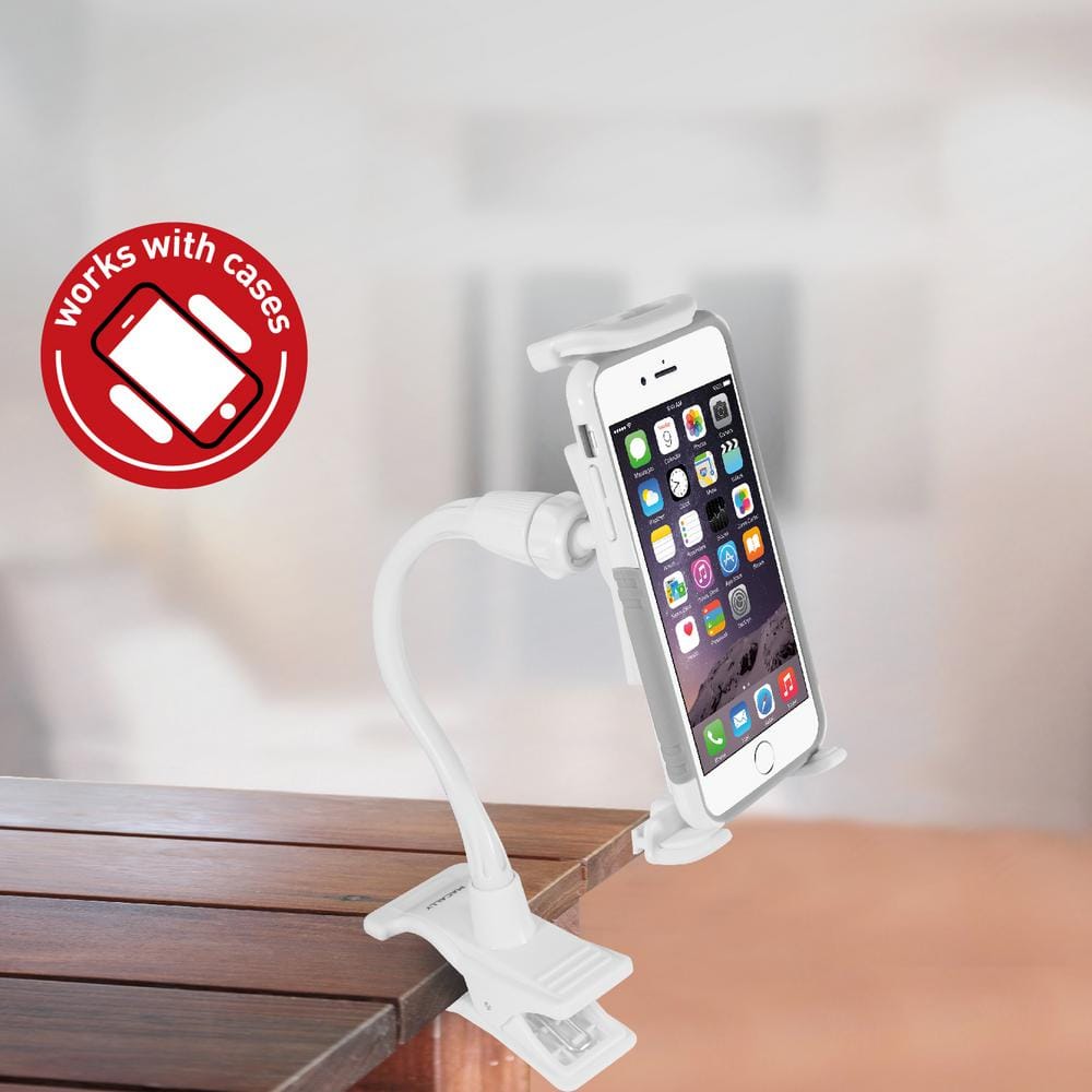 White Adjustable Gooseneck Clip Mount for Phones and Tablets