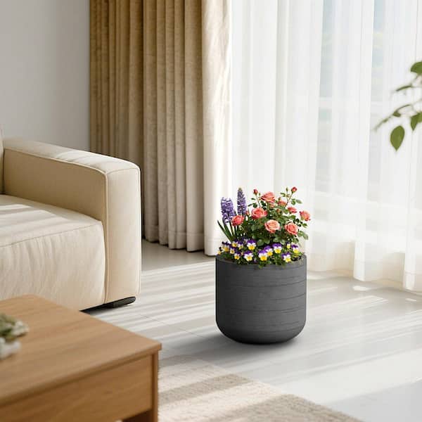 13.5in.W x 12.5in.H Concrete Dark Gray Tall Round Flower Planter Indoor Outdoor Plant Pot with Drainage Holes, Large