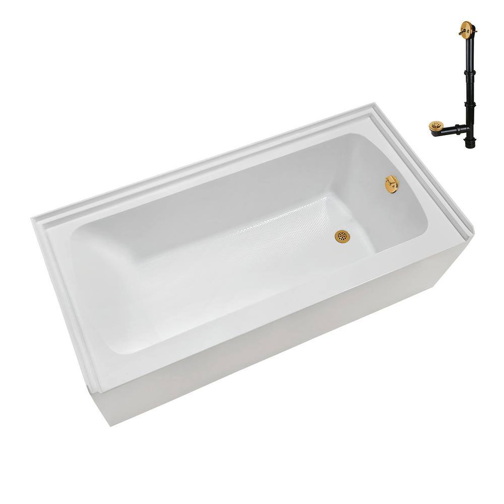Glossy White Acrylic Alcove Bathtub with Brushed Gold Trim