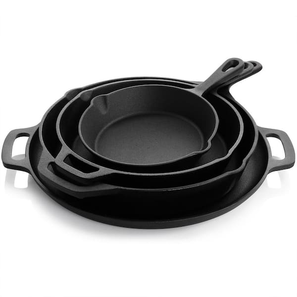 Cuisinel Cast Iron Skillets Set with Lids - 8+10+12-inch Pre-Seasoned Covered Frying Pan Set + Silicone Handle and Lid Holders + Scraper/Cleaner