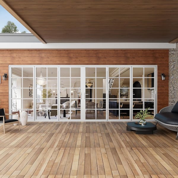 192 in. x 96 in. Bi-Parting Double Tempered Glass White Aluminum Folding Patio Door