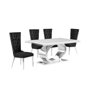 Ibraim 5-Piece Rectangle White Marble Top With Stainless Steel Base Dining Set With 4 Black Velvet Fabric Chairs