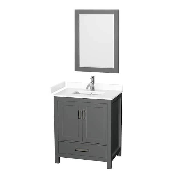 Wyndham Collection Sheffield 30 in. W x 22 in. D x 35.25 in. H Single Bath Vanity in Dark Gray with White Cultured Marble Top & 24" Mirror