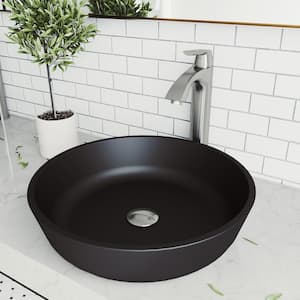 Matte Shell Modus Glass Round Vessel Bathroom Sink in Black with Linus Faucet and Pop-Up Drain in Brushed Nickel