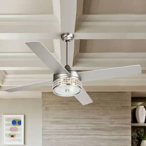 52 in. Satin Nickel Downrod Mount Crystal Chandelier Ceiling Fan with Light Kit and Remote Control