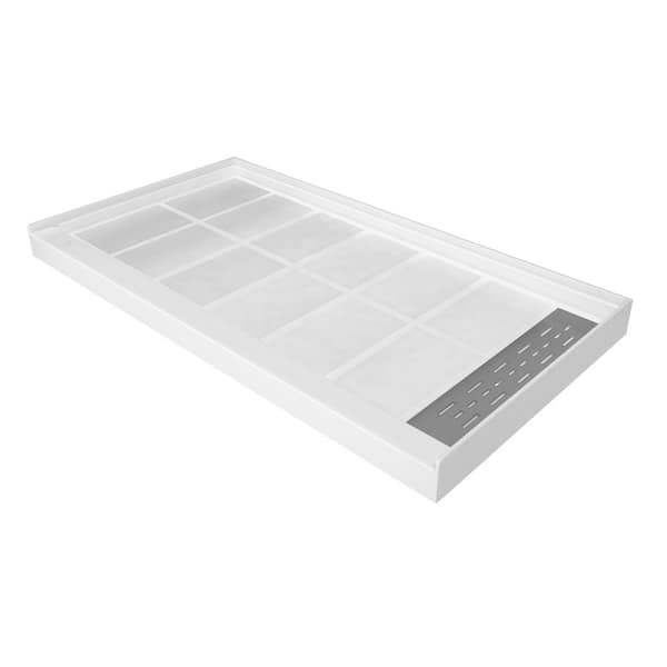 60 in. x 32 in. Solid Surface Alcove Shower Pan Base with Stainless Steel Cover and Right Drain in White