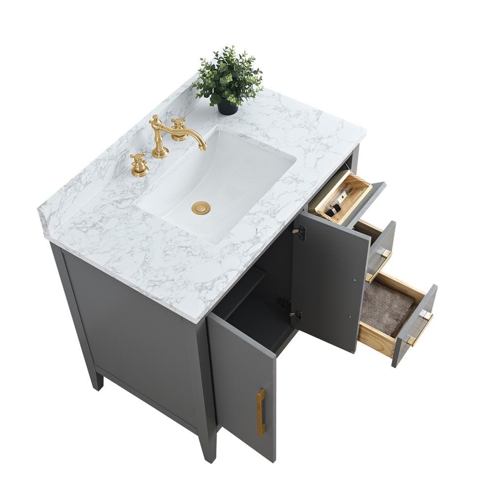 Cashmere Gray Poplar Wood Single Sink Bathroom Vanity with Engineered Marble Top